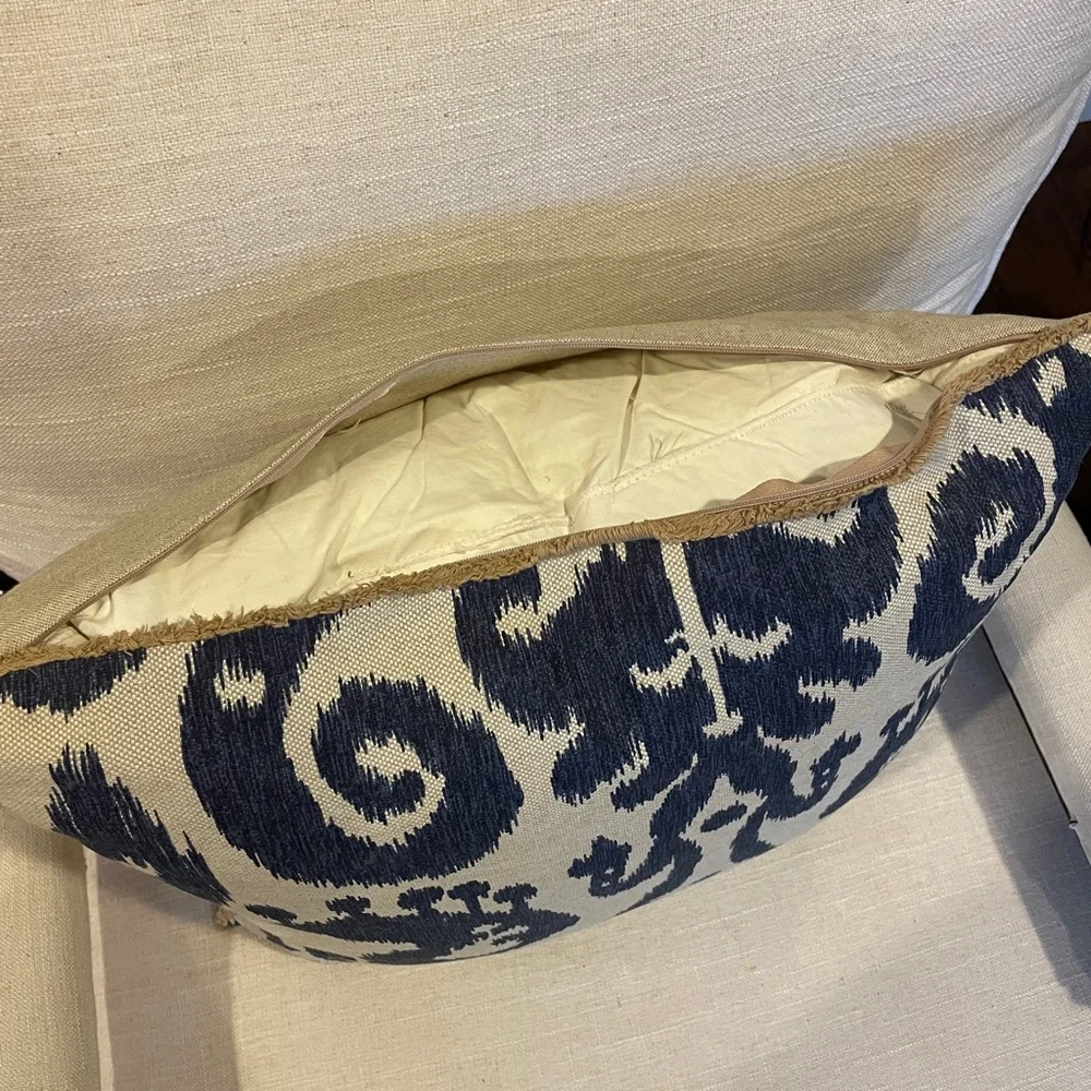 Lacefield Marrakesh Batik Blue Ikat Pillow Jute Eyelash Trim Down Insert